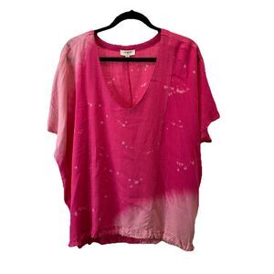 Umgee Lagenlook Linen Blend Hot Pink Ombre Fringe Hem Top Blouse Womens Size L